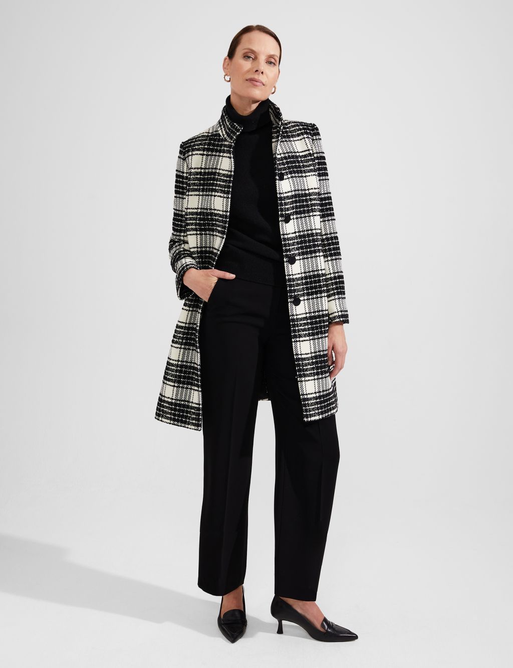 Wool Rich Checked Funnel Neck Tailored Coat image 1