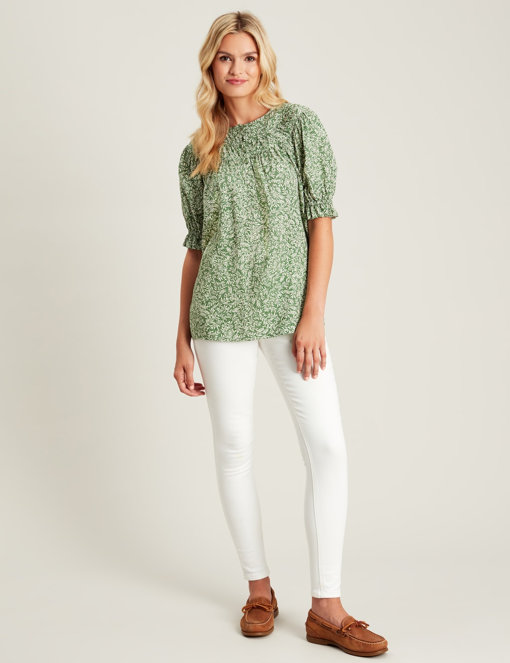 Pure Cotton Leaf Print Round Neck Blouse image 4
