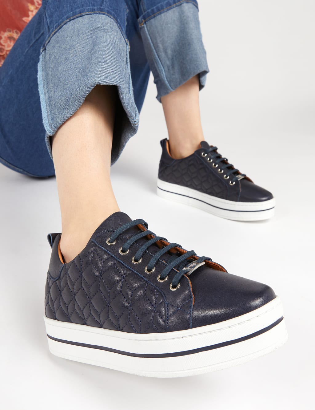 Navy blue leather top trainers womens