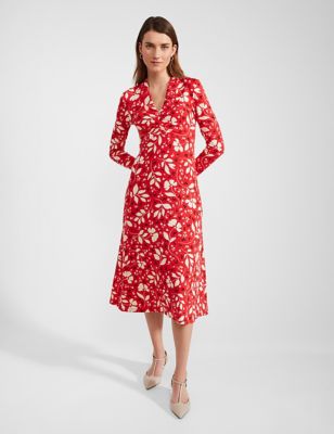Hobbs Women's Jersey Floral V-Neck Midi Waisted Dress - 6 - Red Mix, Red Mix