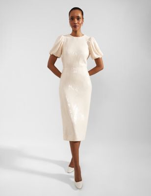 Hobbs Women's Sequin Puff Sleeve Midi Waisted Dress - 8 - Ivory, Ivory