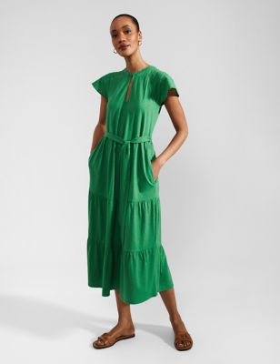Hobbs Women's Cotton Blend Notch Neck Midi Tiered Dress - 6 - Green, Green