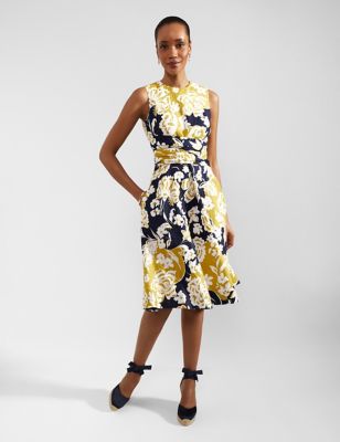 Hobbs Womens Pure Linen Floral Midi Waisted Dress - 8 - Navy Mix, Navy Mix