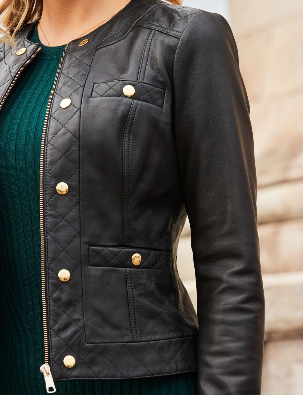 Leather Quilted Collarless Jacket image 5