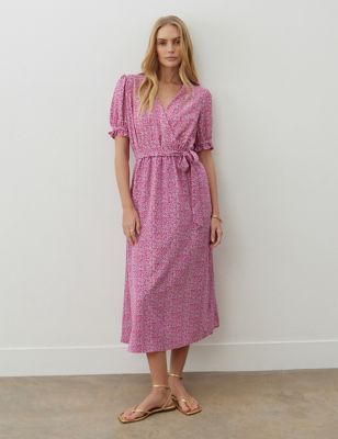 Finery London Women's Floral V-Neck Tie Waist Midi Wrap Dress - 12REG - Pink Mix, Pink Mix