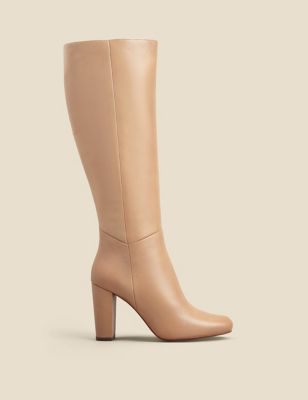 Sosandar Womens Leather Block Heel Knee High Boots - 4 - Natural, Natural