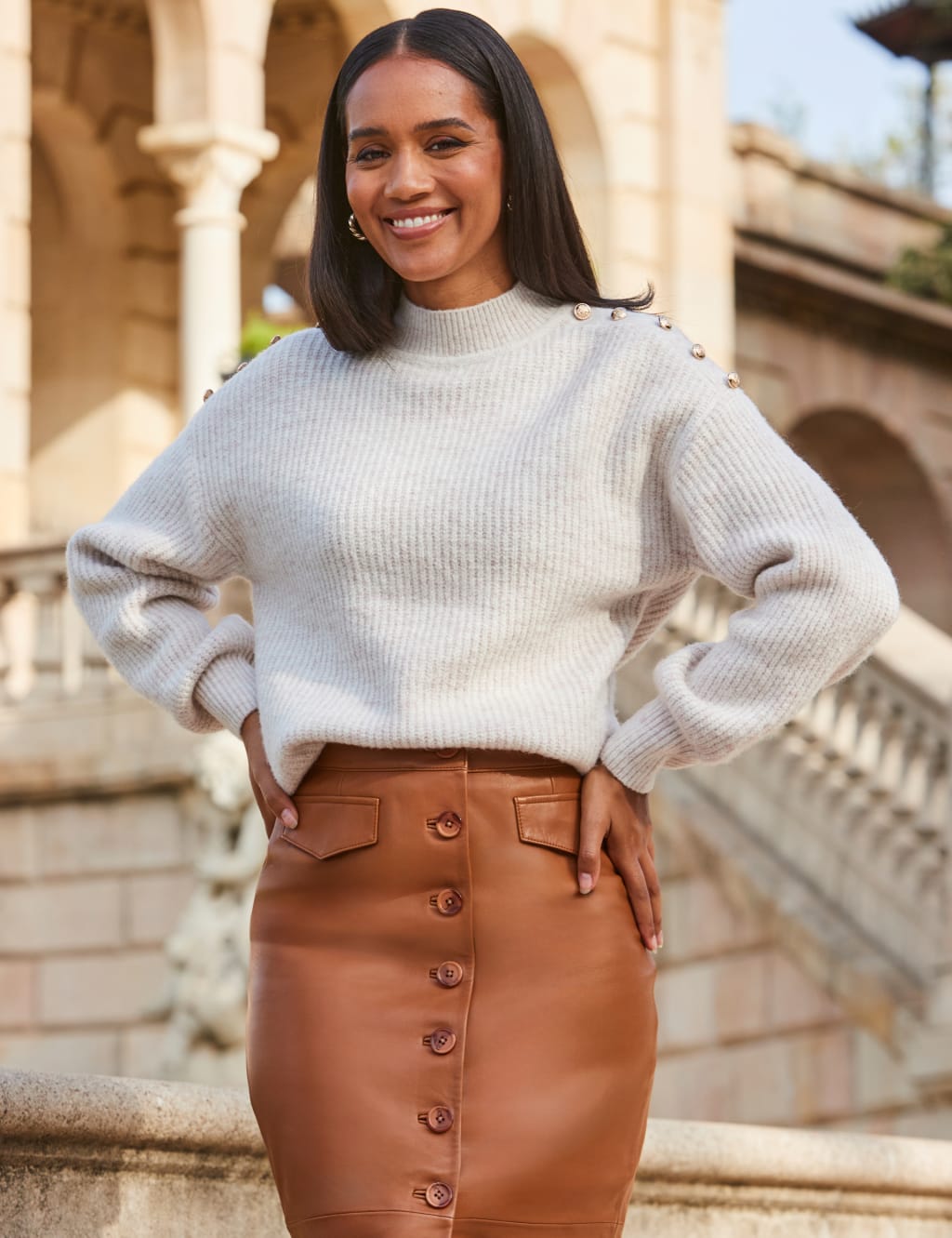 Ribbed Funnel Neck Button Detail Jumper