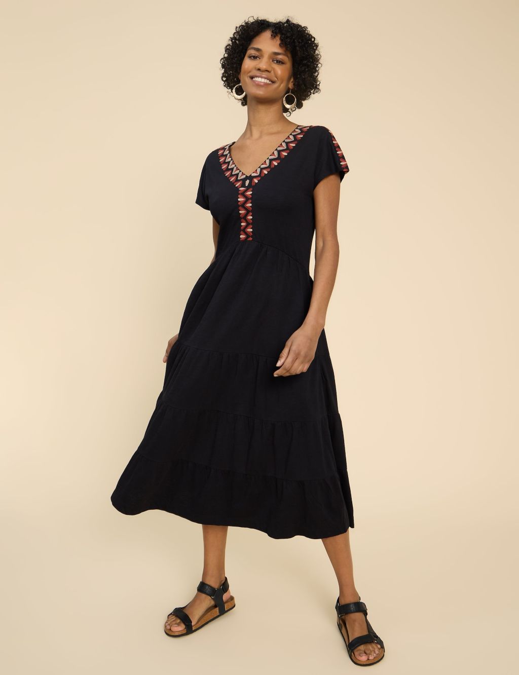 Jersey Embroidered V-Neck Midi Tiered Dress