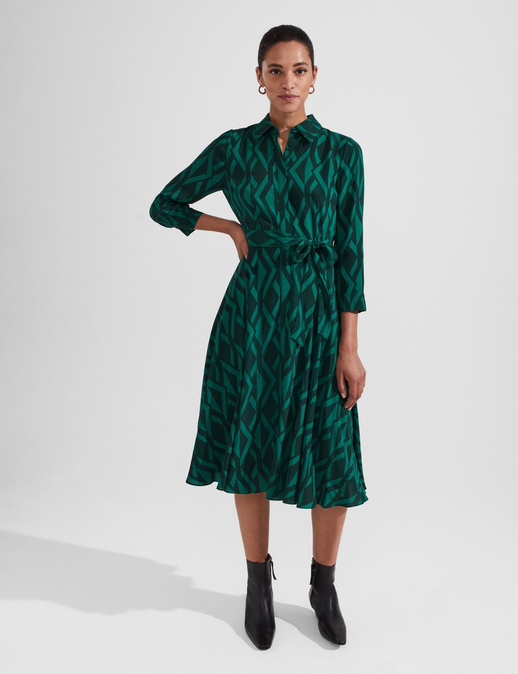 Geometric Tie Waist Midi Shirt Dress image 1