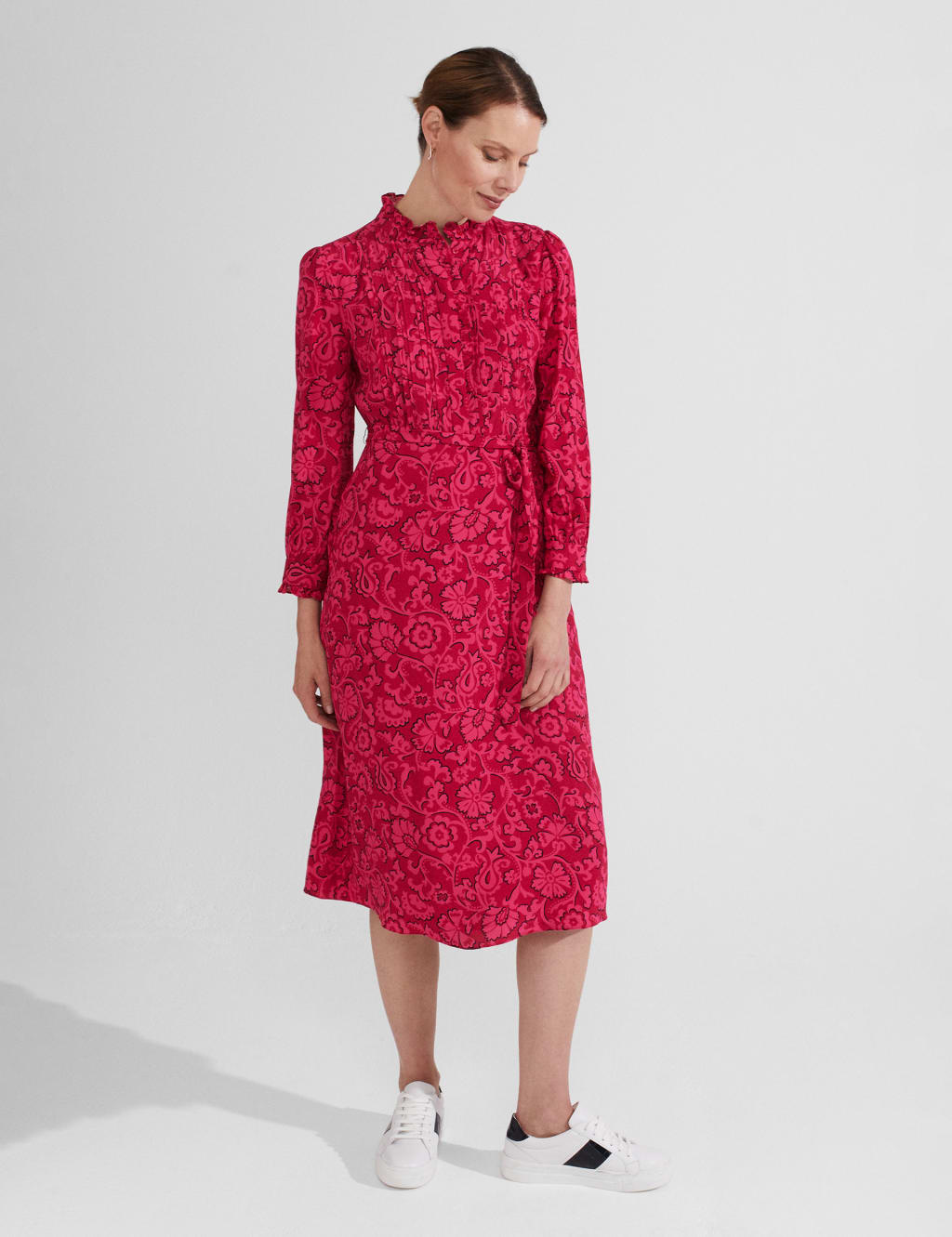Floral High Neck Belted Midi Waisted Dress image 1