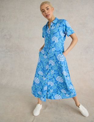 White Stuff Womens Jersey Floral Midi Shirt Dress - 6REG - Blue Mix, Blue Mix