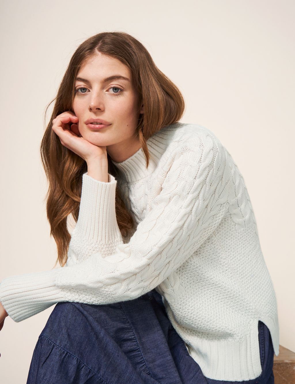 Wool Blend Cable Knit Crew Neck Jumper image 3