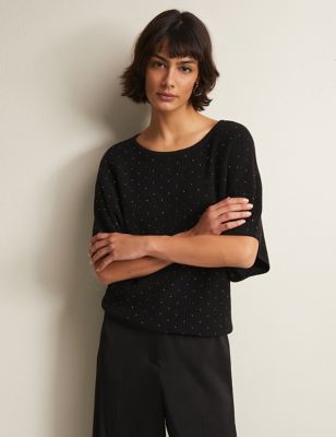 Phase Eight Womens Cotton Rich Ribbed Embellished Jumper - Black, Black