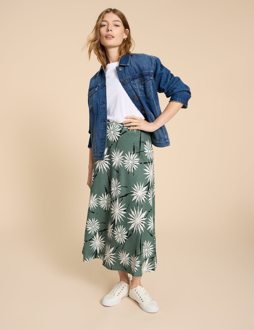 Linen Rich Printed Midi A-Line Skirt