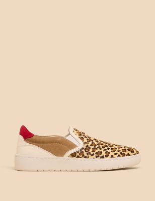White Stuff Womens Leather Slip On Leopard Print Trainers - 3 - Brown Mix, Brown Mix