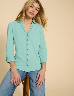 White Stuff Womens Pure Cotton Jersey Collared Shirt - 6 - Teal, Teal