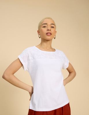 White Stuff Women's Pure Cotton Embroidered T-Shirt - 8, White