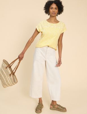 White Stuff Women's Pure Cotton Embroidered Round Neck T-Shirt - 6 - Yellow Mix, Yellow Mix