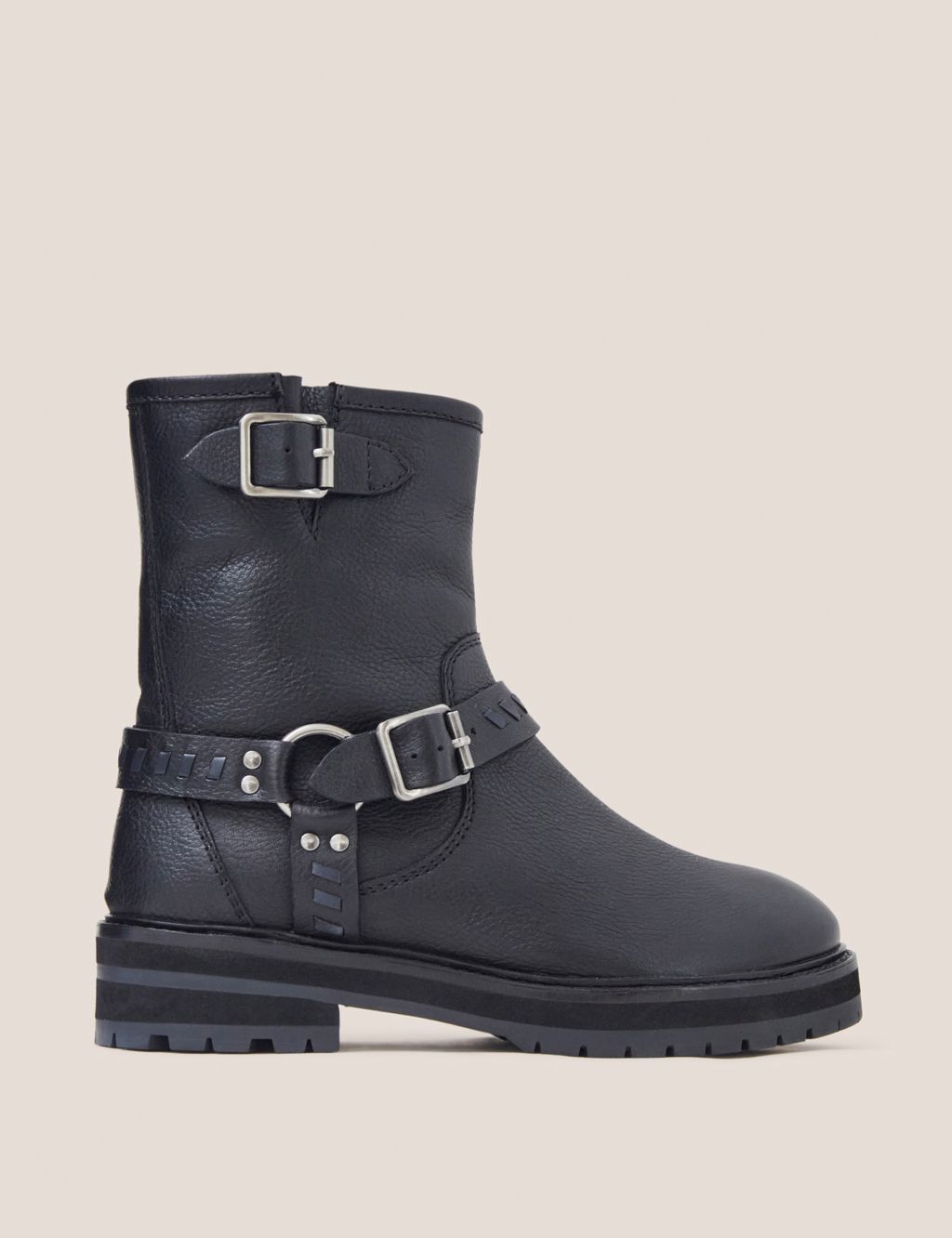 Leather Biker Buckle Flat Boots image 1