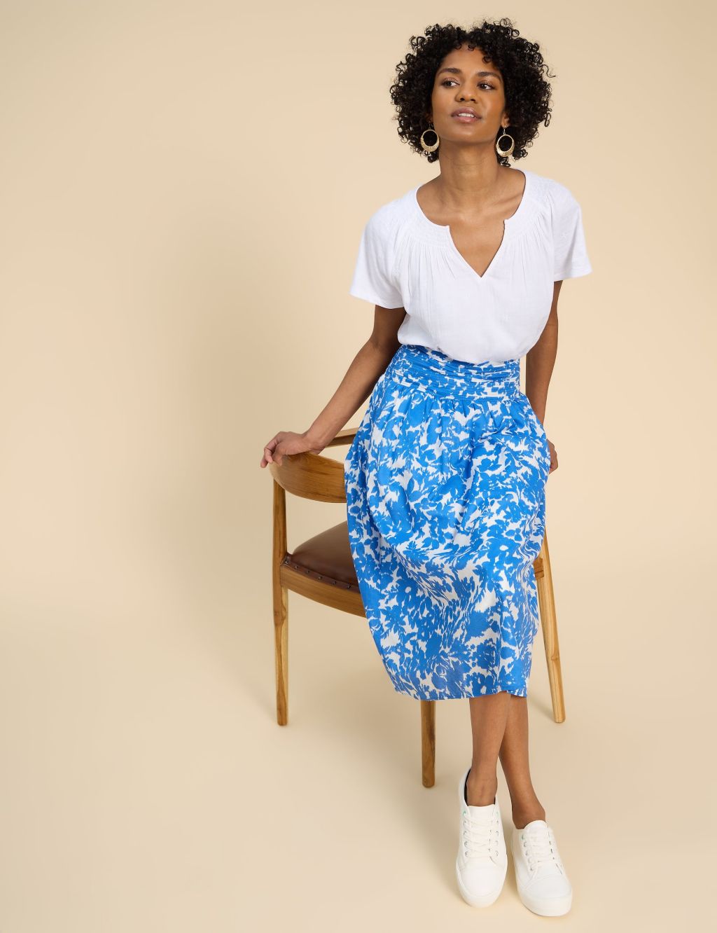 Cotton Rich Floral Midi A-Line Skirt