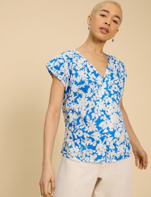 White Stuff Womens Pure Cotton Floral Button Front Blouse - 6 - Blue Mix, Blue Mix