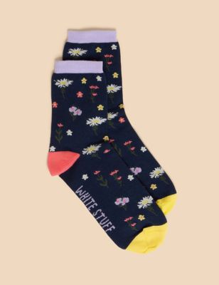 White Stuff Womens Cotton Rich Floral Ankle High Socks - 6-8 - Navy Mix, Navy Mix