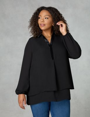 Live Unlimited London Womens Satin Relaxed Blouson Sleeve Shirt - 16 - Black, Black