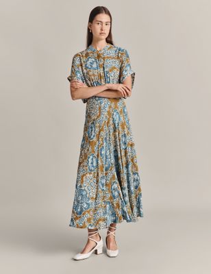 Ghost Womens Printed Button Front Midaxi Waisted Dress - Blue Mix, Blue Mix