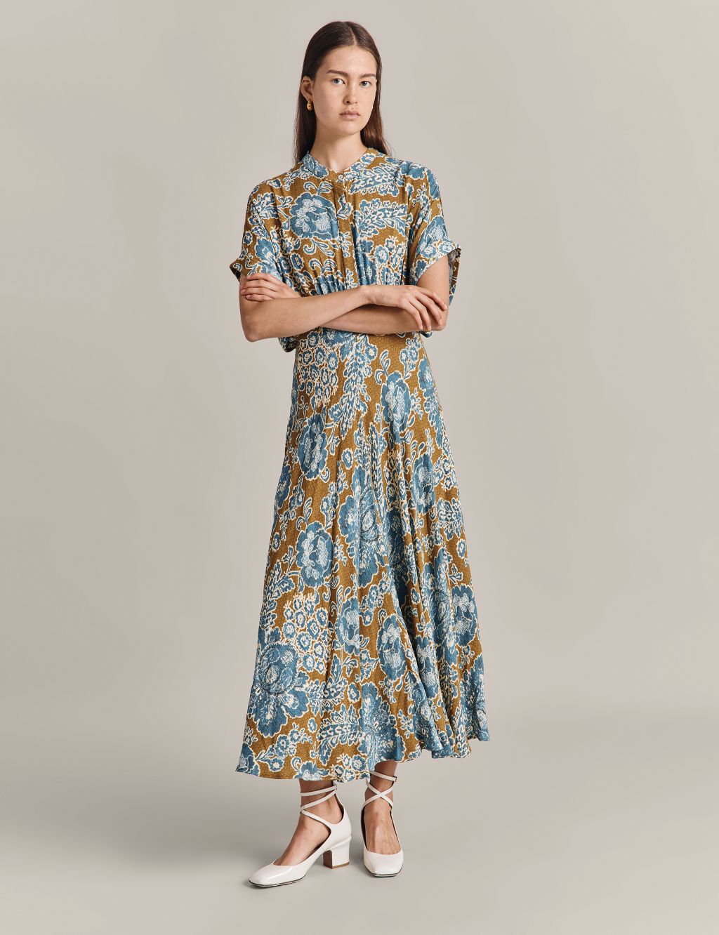 Printed Button Front Midaxi Waisted Dress