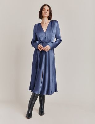 Ghost Womens Satin V-Neck Tie Waist Midi Waisted Dress - L - Dark Blue, Dark Blue