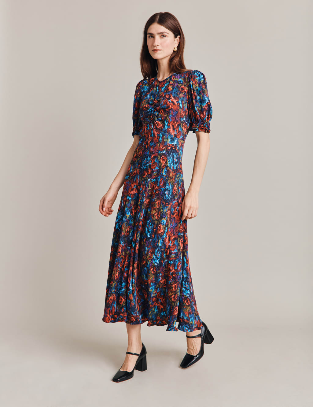 Floral Puff Sleeve Midi Waisted Dress image 1