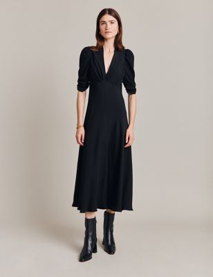 Ghost Womens V-Neck Puff Sleeve Midi Tea Dress - Black, Black,Light Blue,Dark Pink
