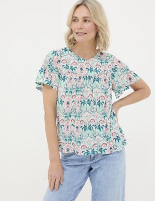 Fatface Women's Mirrored Paisley Top with Linen - 6 - Teal Mix, Teal Mix