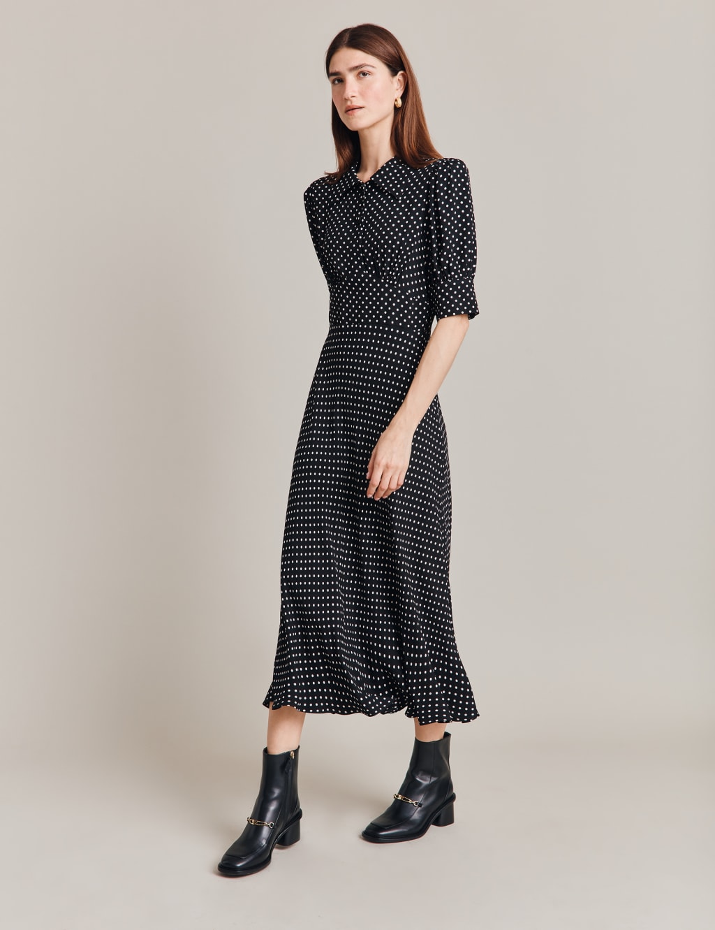 Polka Dot Button Front Midi Waisted Dress