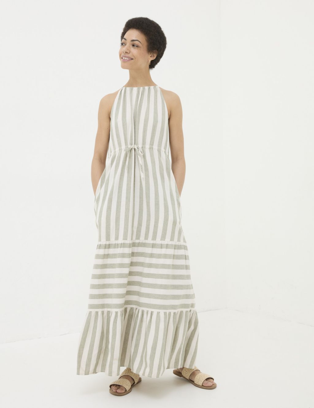 Linen Rich Striped Maxi Tiered Dress