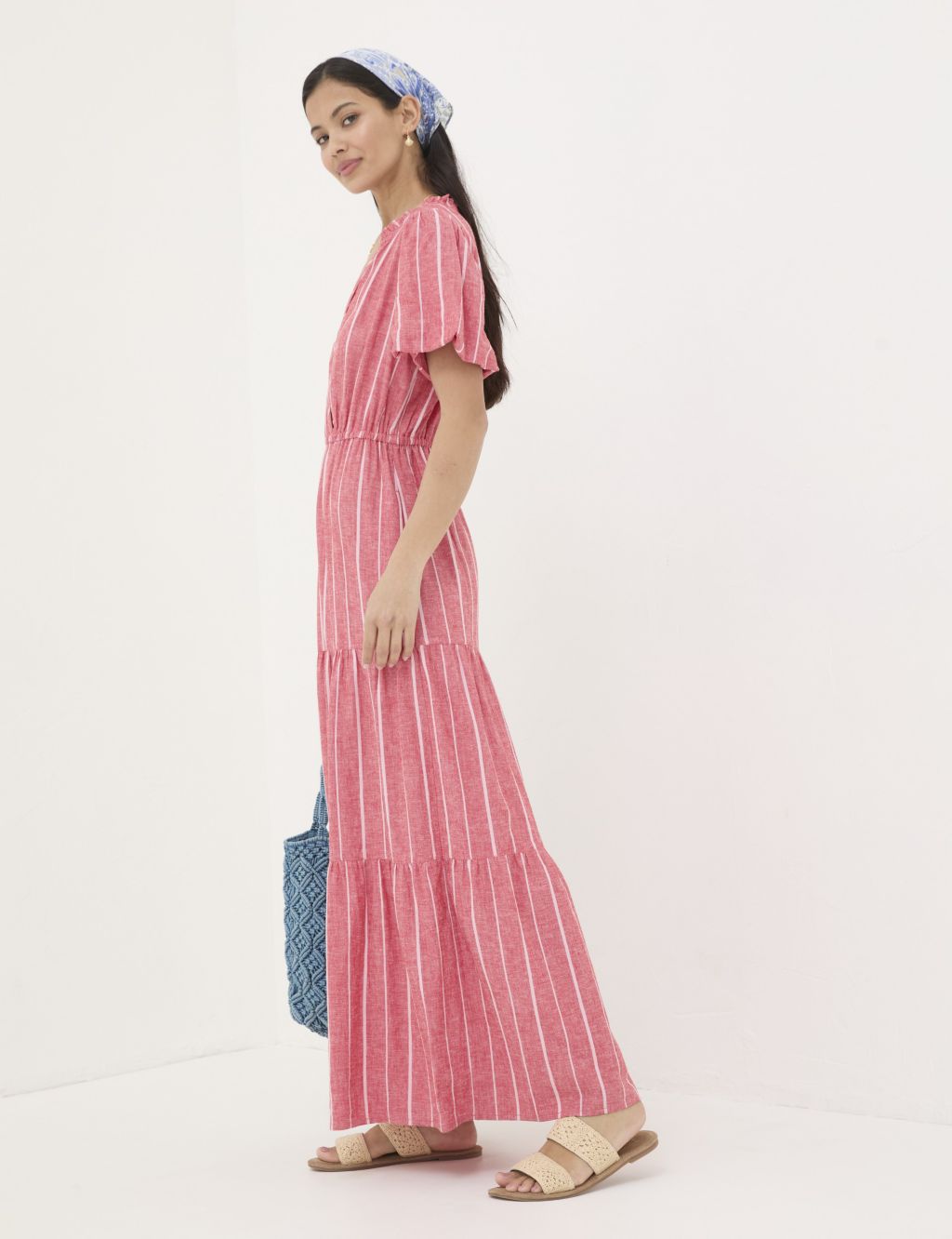 Linen Blend Striped V-Neck Maxi Tiered Dress
