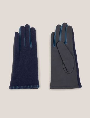 White Stuff Womens Leather Knitted Stitch Detail Gloves - S-M - Navy, Navy