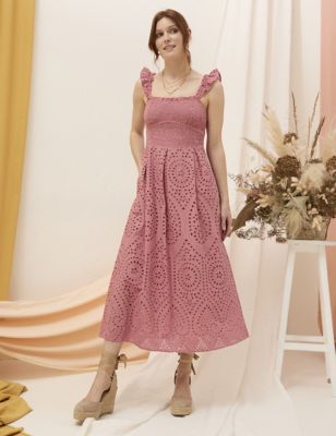 Fatface Women's Pure Cotton Embroidered Midi Slip Dress - 6SHT - Pink, Pink