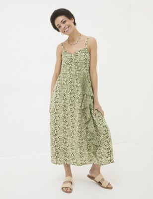 Fatface Women's Linen Rich Floral Square Neck Midi Dress - 6REG - Green Mix, Green Mix