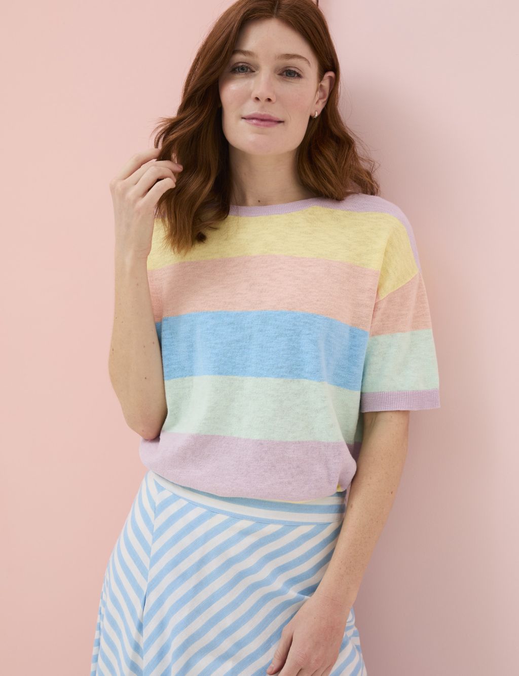 Cotton-Rich Striped Knitted Top with Linen