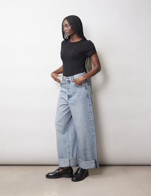 Albaray Women's Mid Rise Wide Leg Turn Up Jeans - 12 - Blue Denim, Blue Denim
