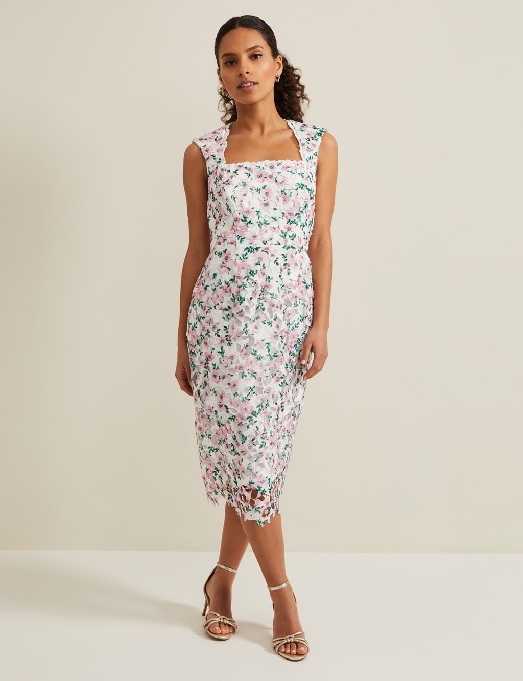 Floral Lace Square Neck Midi Column Dress