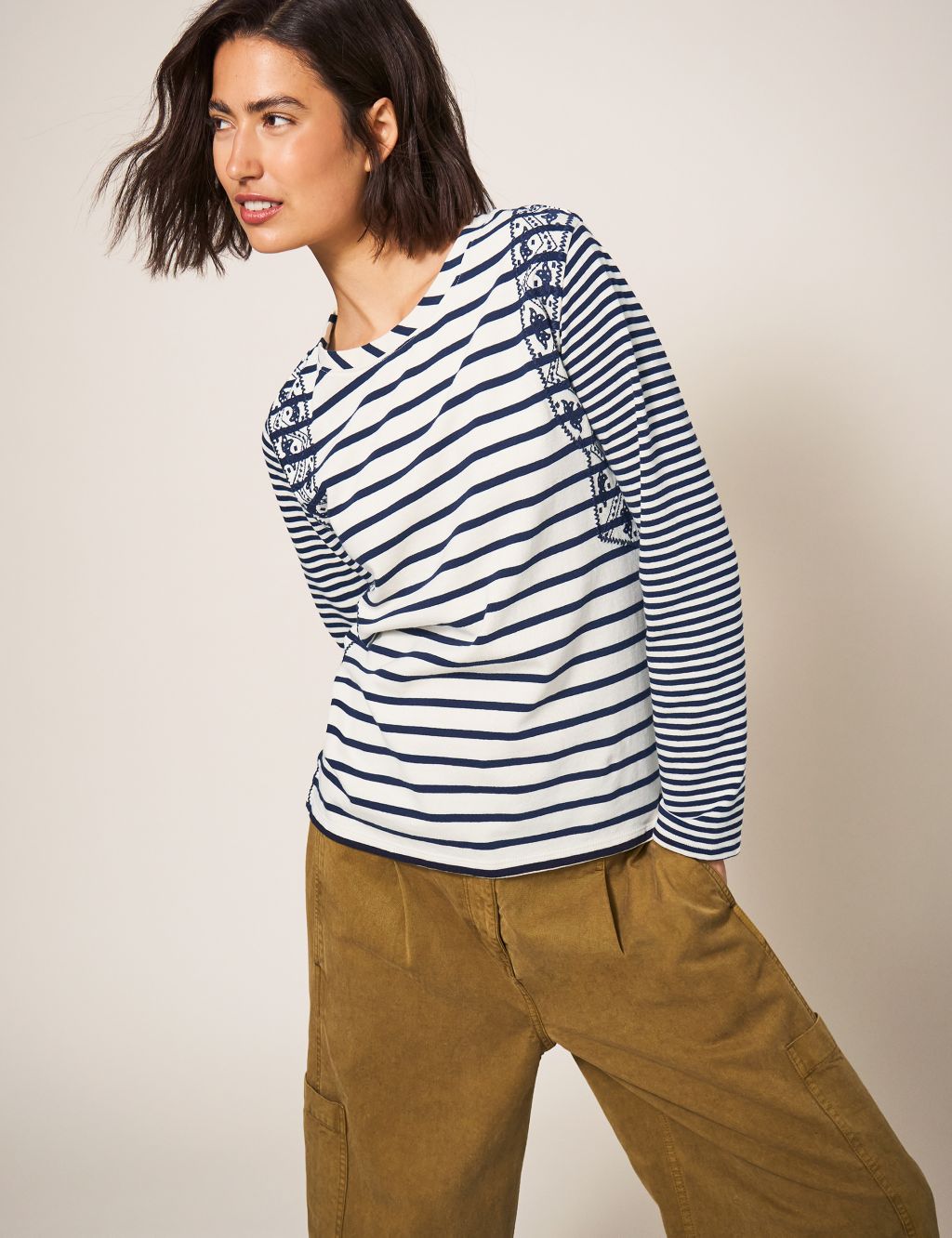Pure Cotton Striped Embroidered T-Shirt image 1