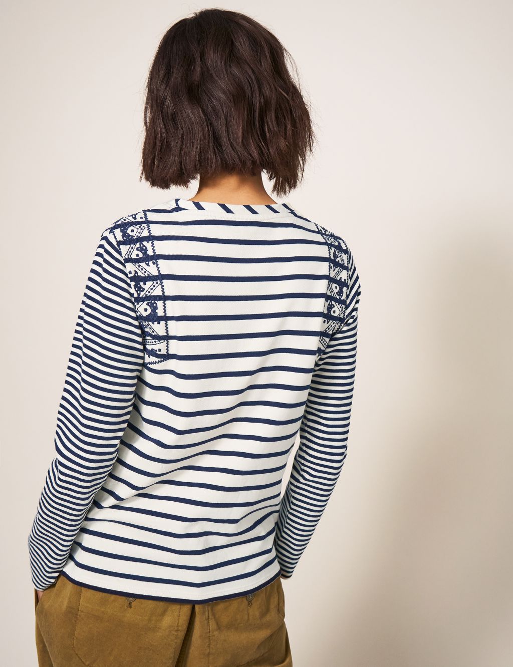 Pure Cotton Striped Embroidered T-Shirt image 3