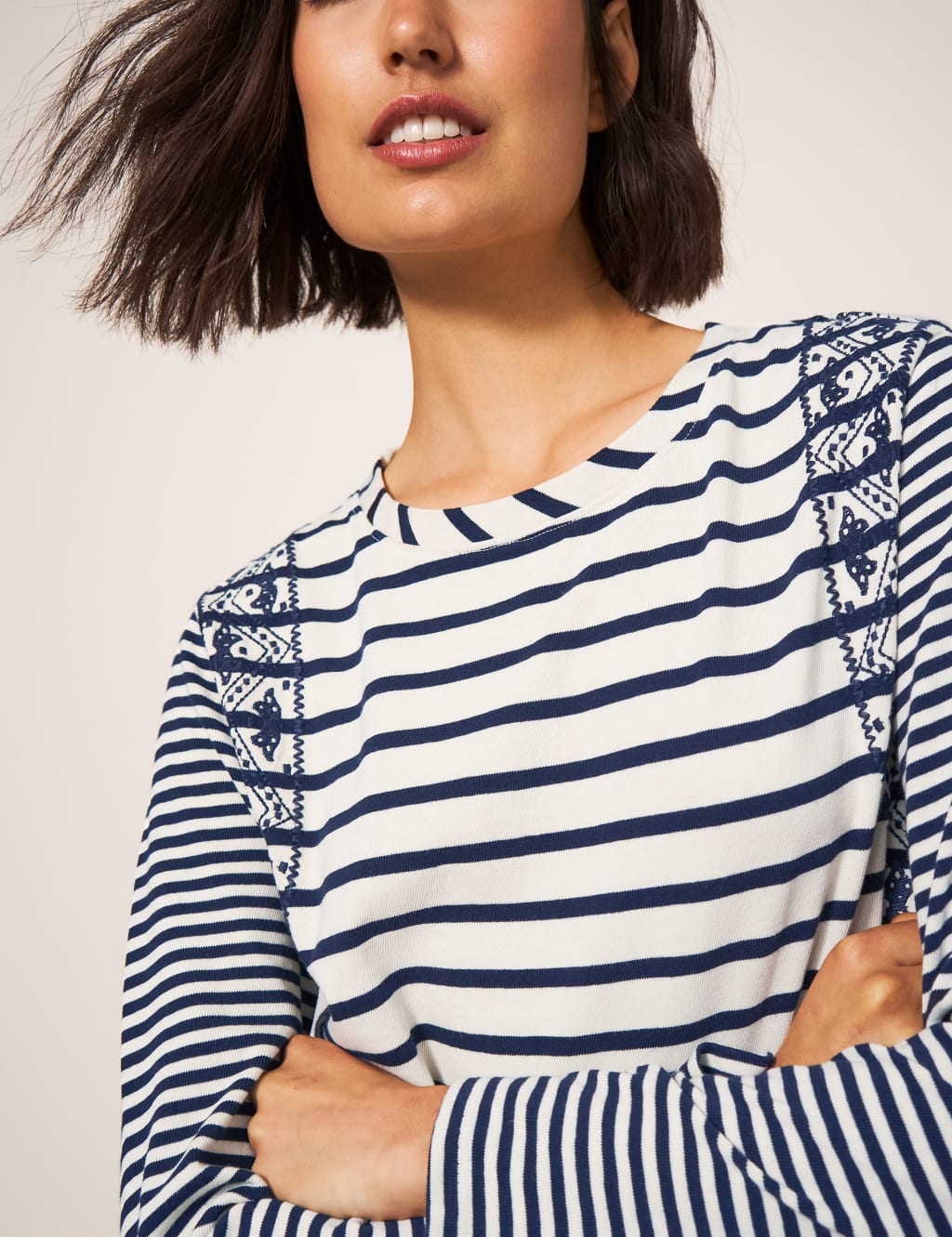 Pure Cotton Striped Embroidered T-Shirt image 5