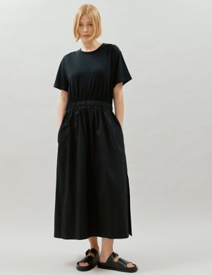 Albaray Womens Pure Cotton Midi T-Shirt Dress - 10 - Black, Black,Khaki