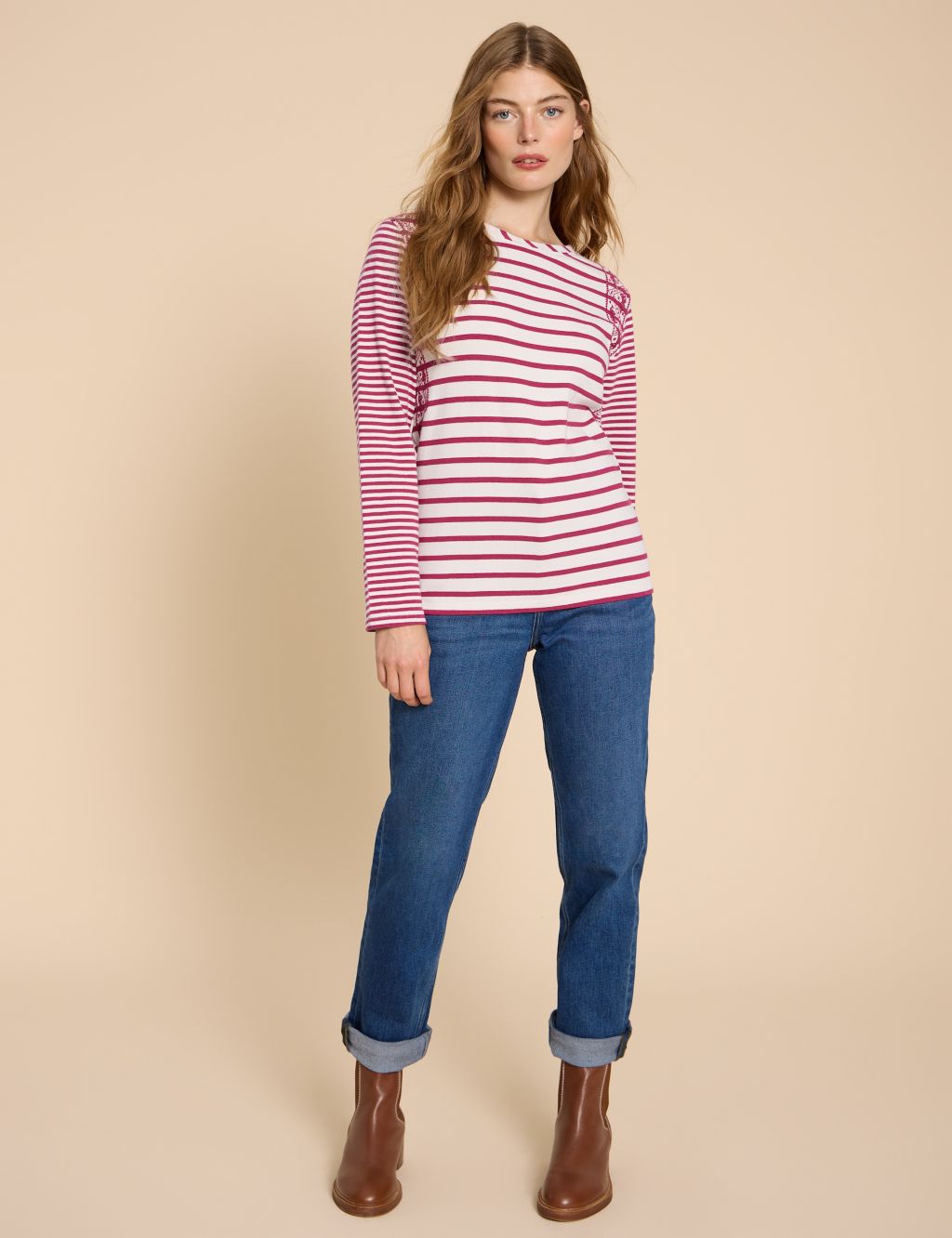 Pure Cotton Striped Embroidered T-Shirt image 5
