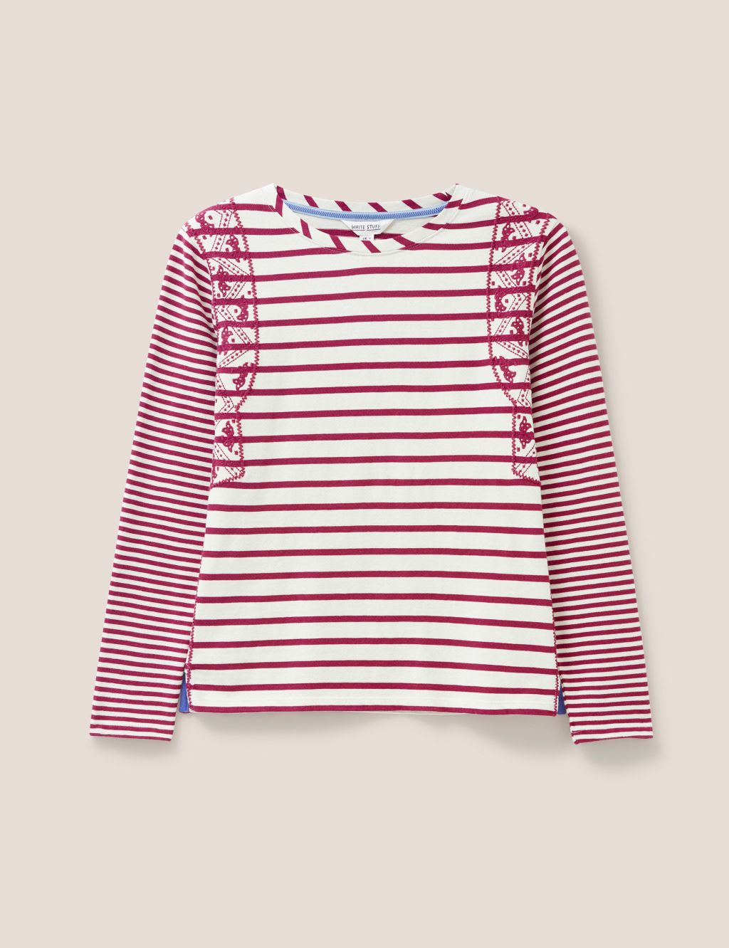 Pure Cotton Striped Embroidered T-Shirt image 1