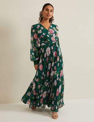 Phase Eight Womens Floral Pleated Maxi Tea Dress - 6PET - Green Mix, Green Mix