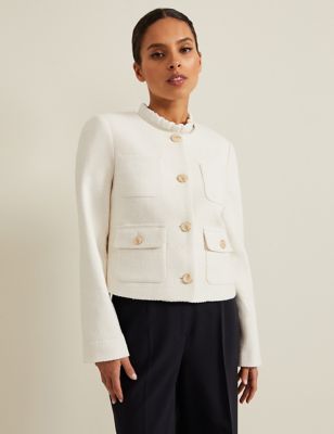 Phase Eight Womens Textured Collarless Short Jacket with Cotton - 8REG - Ivory, Ivory